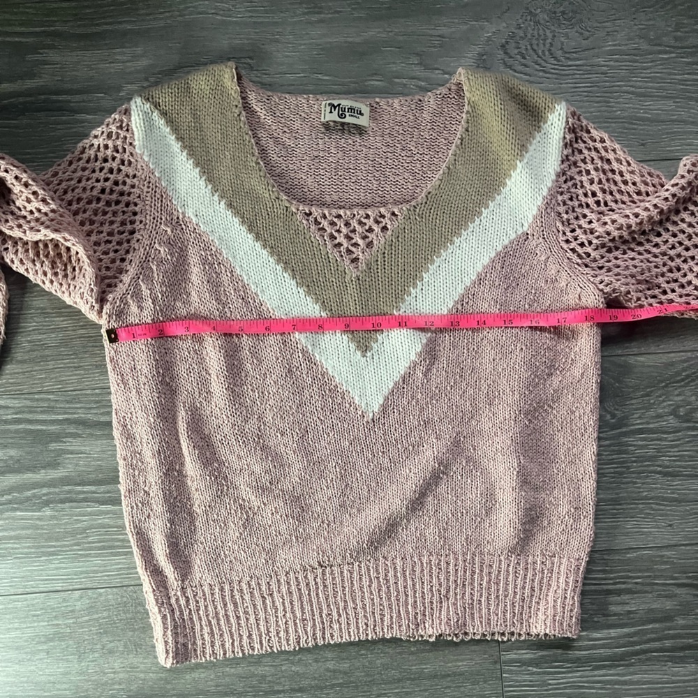 Show Me Your Mumu Pink Brown Knit Crochet Bubbly Sleeve V Neck Sweater Size S - Picture 8 of 8